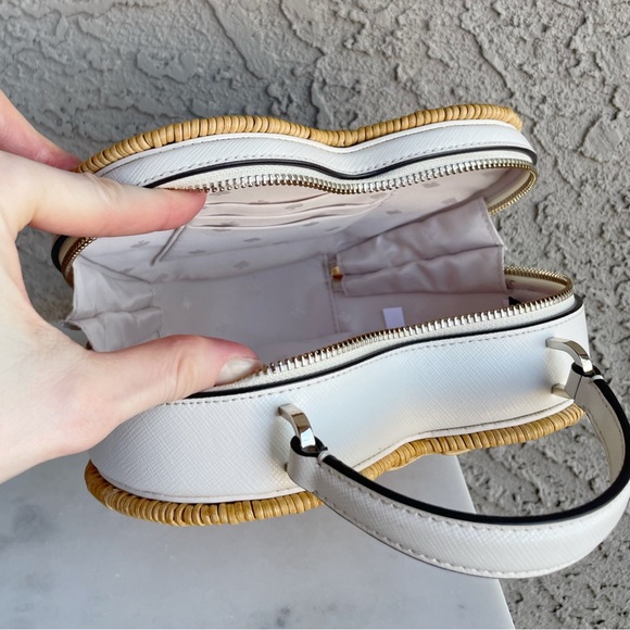 KATE SPADE Tan Wicker White Leather Heart Shaped Love Shack Woven Crossbody Bag - Picture 15 of 17